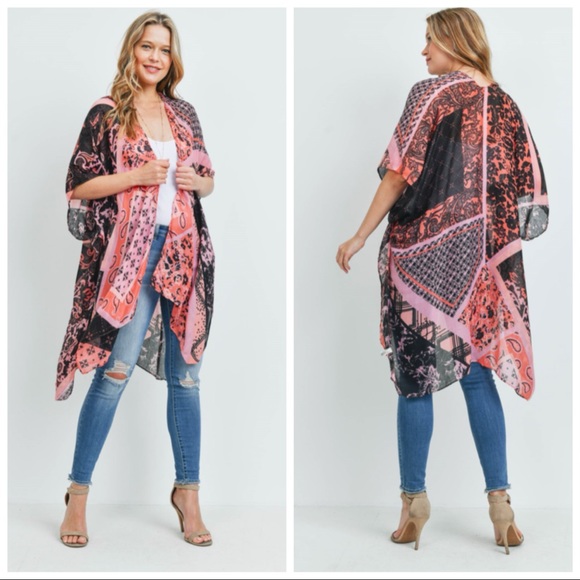 Styline Tops - NEW Pink Patchwork Multi Print Kimono Cardigan
